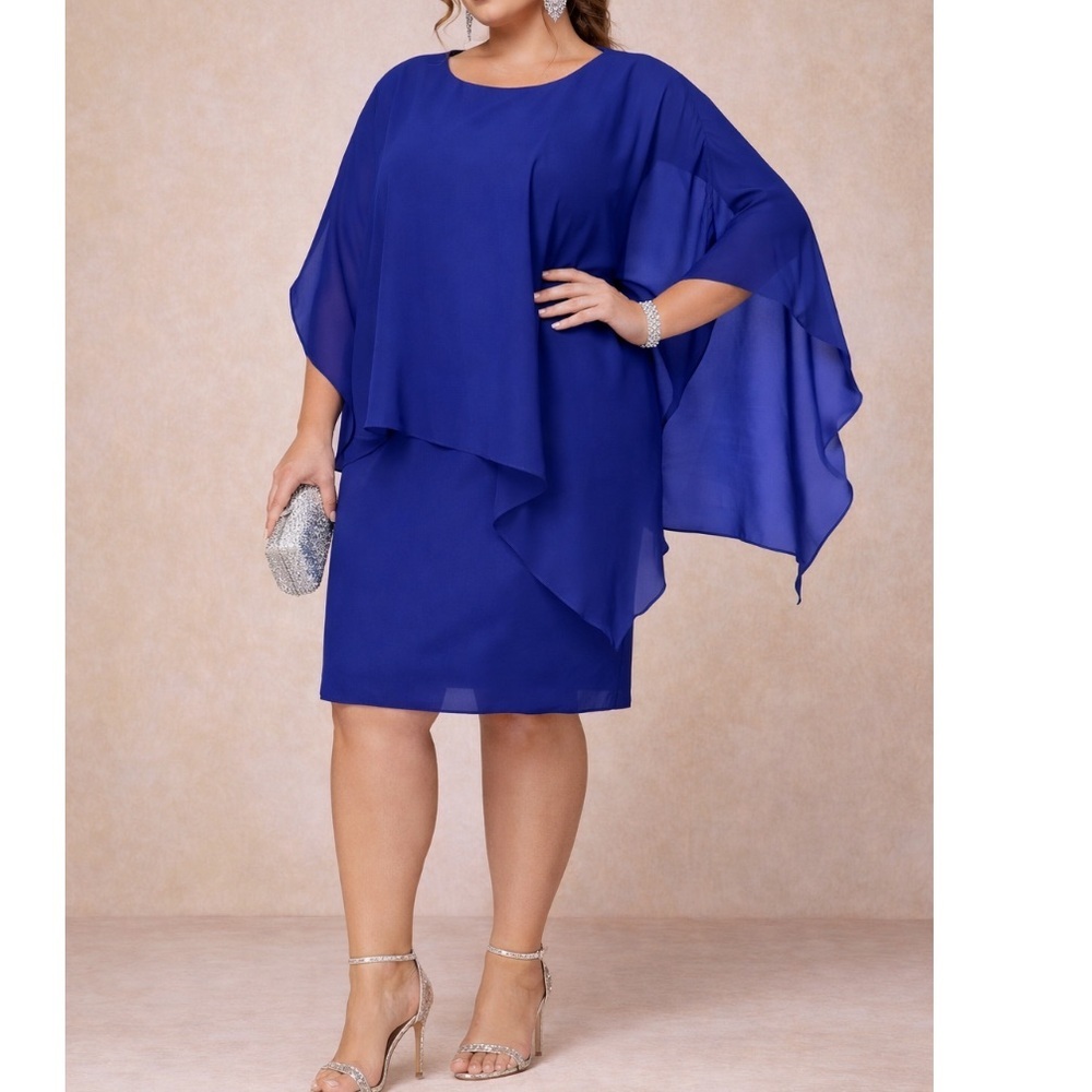 NWT Hanna Nikole Elegant Blue Dress attached chiffon capelet sleeveless 18W